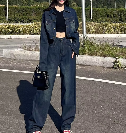 Women Denim Jacket Wide Leg Set