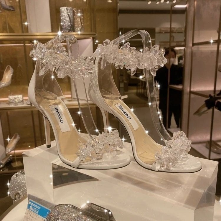 Rhinestone Flower White Heel Sandals
