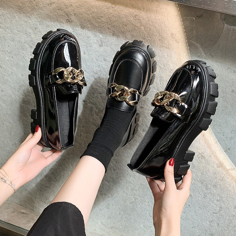Spring Black Thick Sole Slip-On Boat Shoes for Ladies
