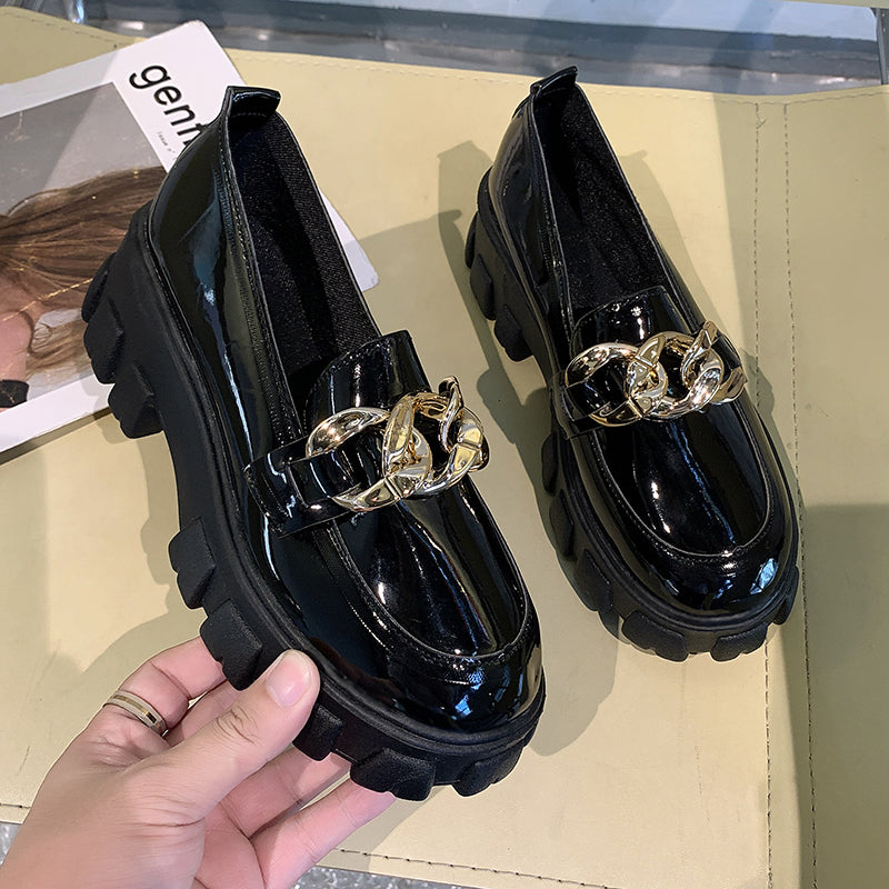 Spring Black Thick Sole Slip-On Boat Shoes for Ladies