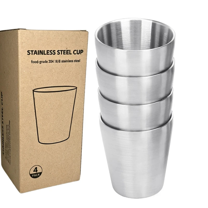 304 Stainless Steel Metal Drinking Mugs 4 PCS Coffee Cups Double Wall Stackable Reusable Outdoor Camping Cup Set Home Drink-ware