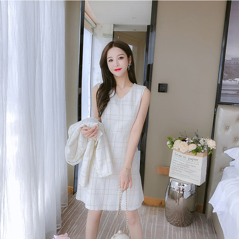 Elegant 2-Piece Checkered Tweed Blazer & Mini Dress