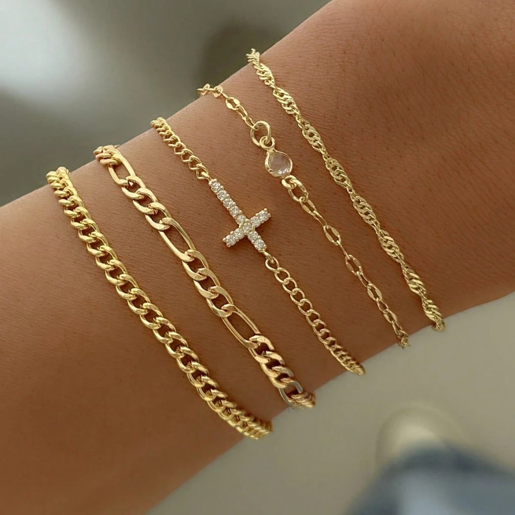 5Pcs/Set Fashion Crystal Cross Decorated Multilayer Link Chain Bracelet Set For Women Jewlery Accessories