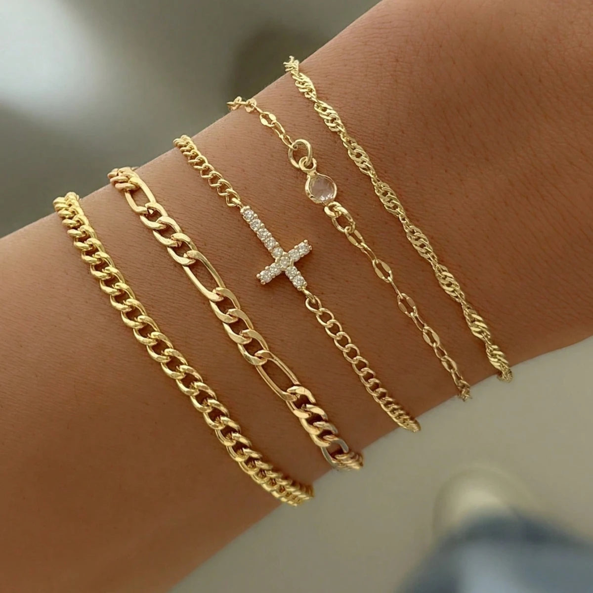 5Pcs/Set Fashion Crystal Cross Decorated Multilayer Link Chain Bracelet Set For Women Jewlery Accessories