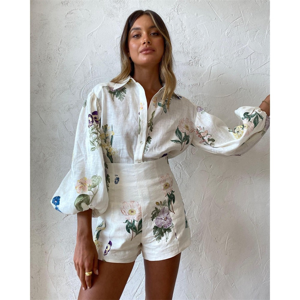 Floral Long Sleeve Blouse and High Waist Shorts Set