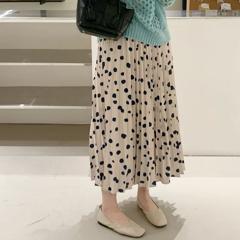 Pleated Polka Dot High Waist Elastic Skirt