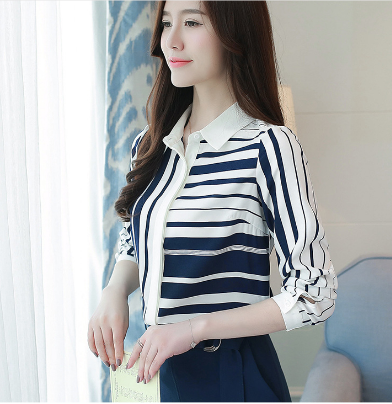 Striped Long Sleeve Chiffon Blouse