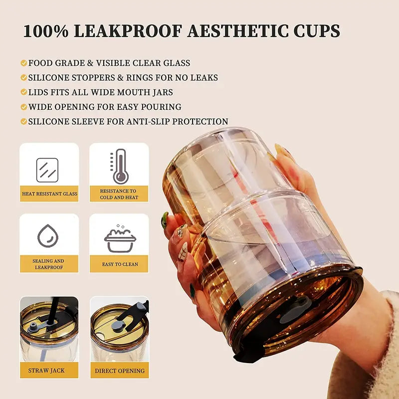 15oz Glass Water Bottle with Lid and Straw