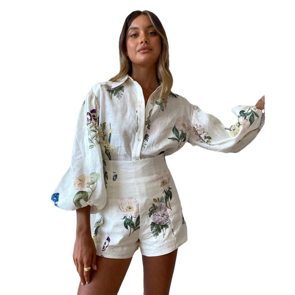 Floral Long Sleeve Blouse and High Waist Shorts Set