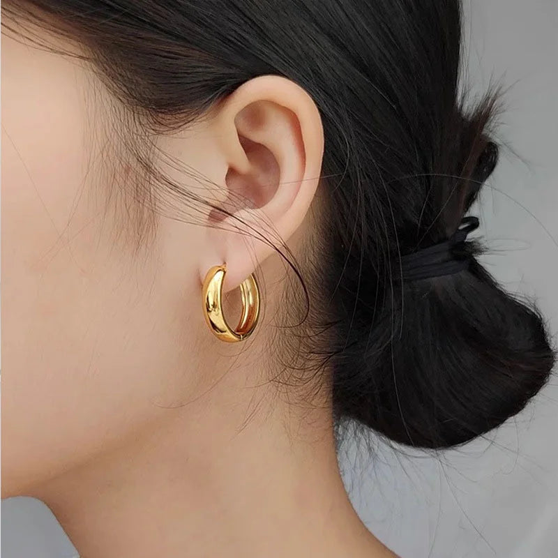 Stainless Steel Punk Round Wide Hoop Earrings for Women Fashion Chunky Gold Color Girls Jewlery Party Gift Bijoux