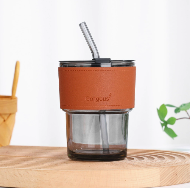 15oz Glass Water Bottle with Lid and Straw