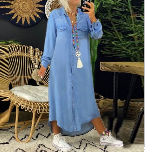 Shirt Collar Denim Long Dress