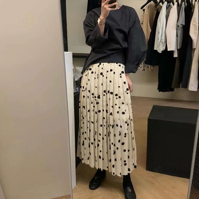 Pleated Polka Dot High Waist Elastic Skirt