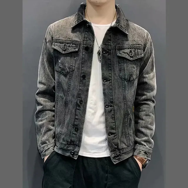 Men Slim Fit Ripped Denim Jacket