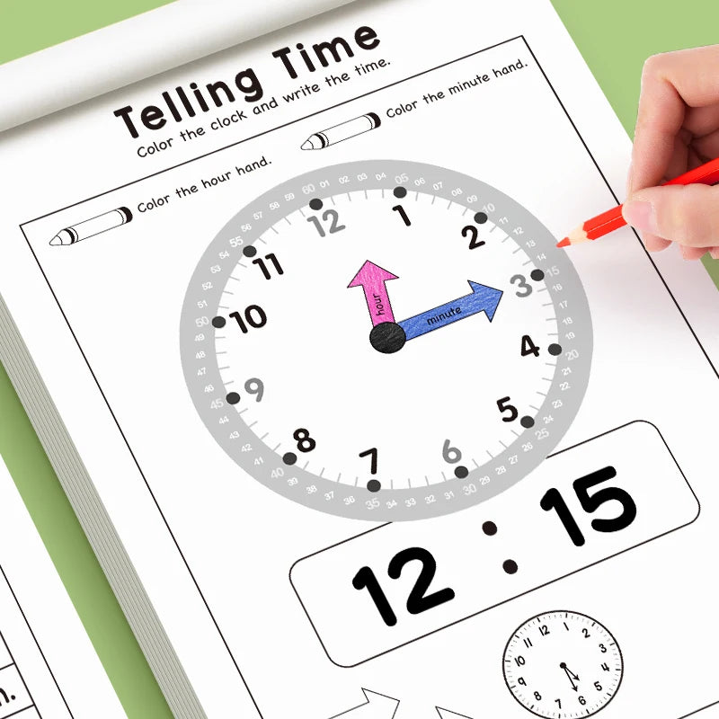 Children's Time Concept Practice Workbook, Suitable for Home School and Kindergarten Activities, Includes Reading and Math Practice Sheets, Perfect for Classroom Teaching and Back-To-School Supplies. Christmas Gifts.