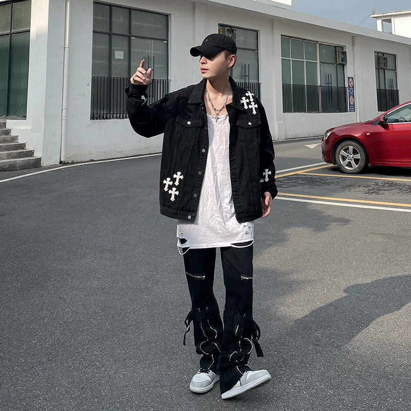 Men Hip-Hop Loose Embroidered Denim Jacket