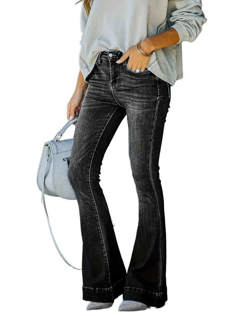 Women Black Slash Pocket Flared Denim Jeans