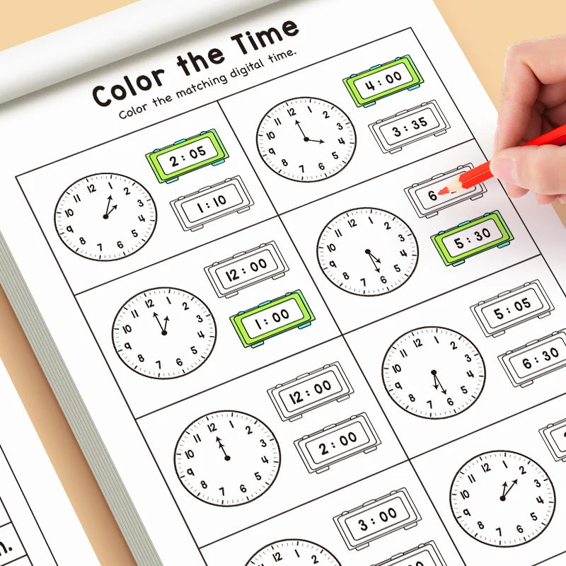 Children's Time Concept Practice Workbook, Suitable for Home School and Kindergarten Activities, Includes Reading and Math Practice Sheets, Perfect for Classroom Teaching and Back-To-School Supplies. Christmas Gifts.