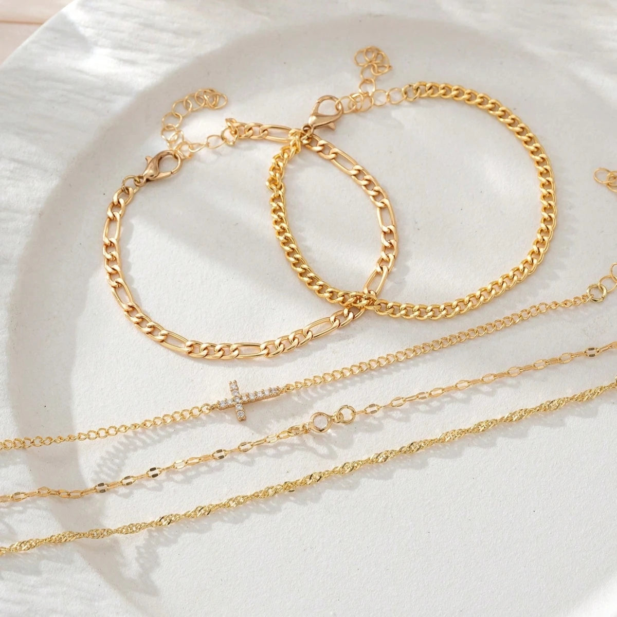 5Pcs/Set Fashion Crystal Cross Decorated Multilayer Link Chain Bracelet Set For Women Jewlery Accessories