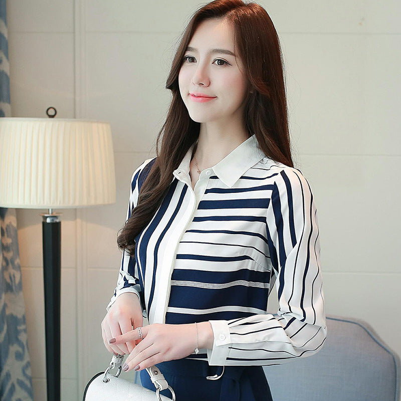 Striped Long Sleeve Chiffon Blouse