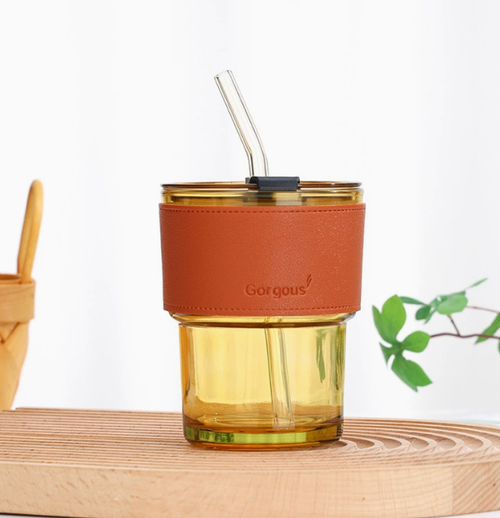 15oz Glass Water Bottle with Lid and Straw