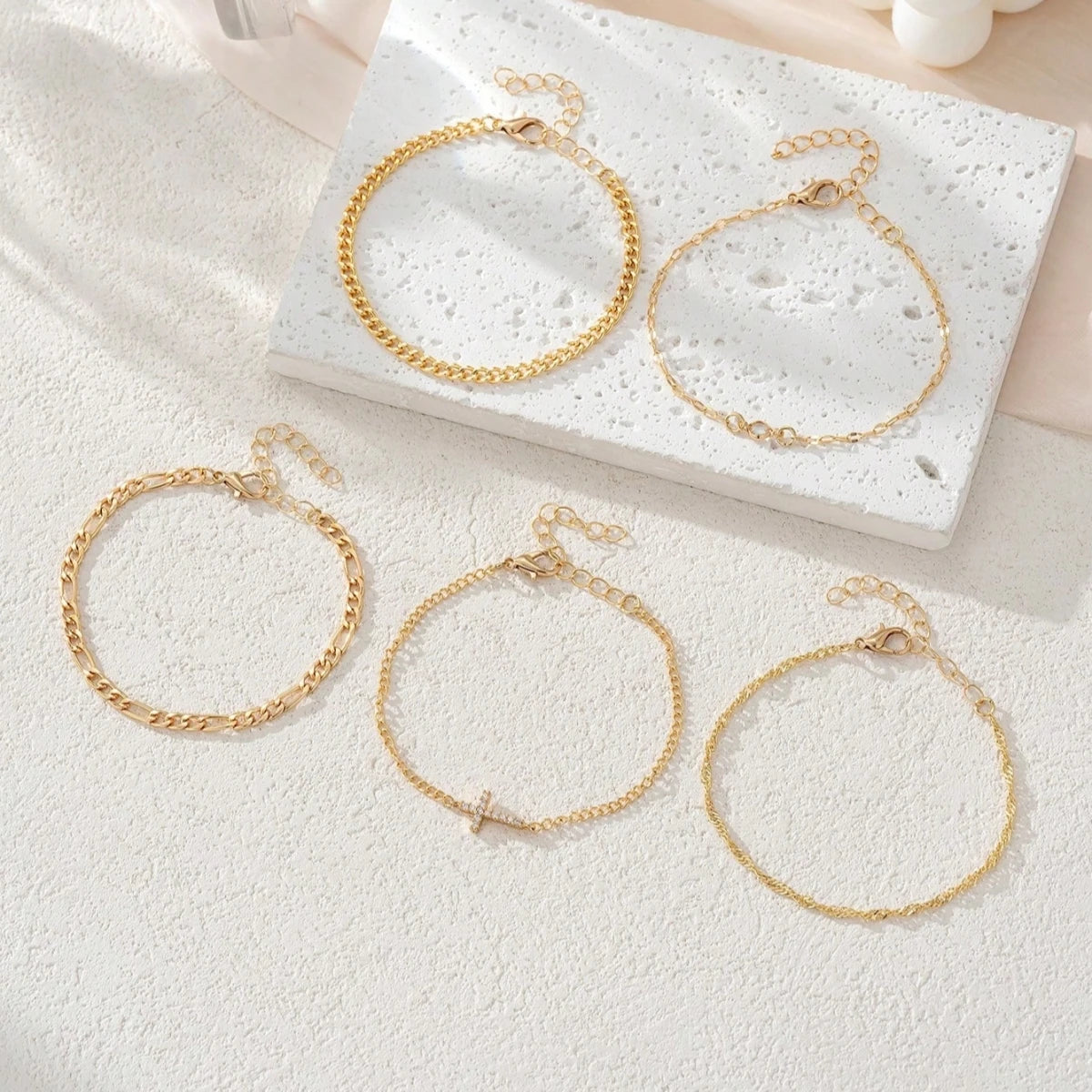 5Pcs/Set Fashion Crystal Cross Decorated Multilayer Link Chain Bracelet Set For Women Jewlery Accessories