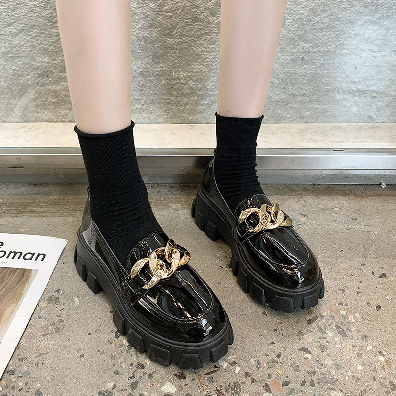 Spring Black Thick Sole Slip-On Boat Shoes for Ladies