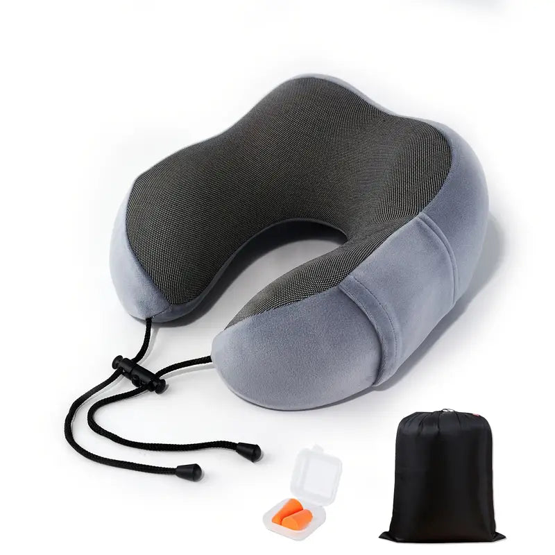 Memory Foam Travel Pillow with Earplugs & Storage Bag