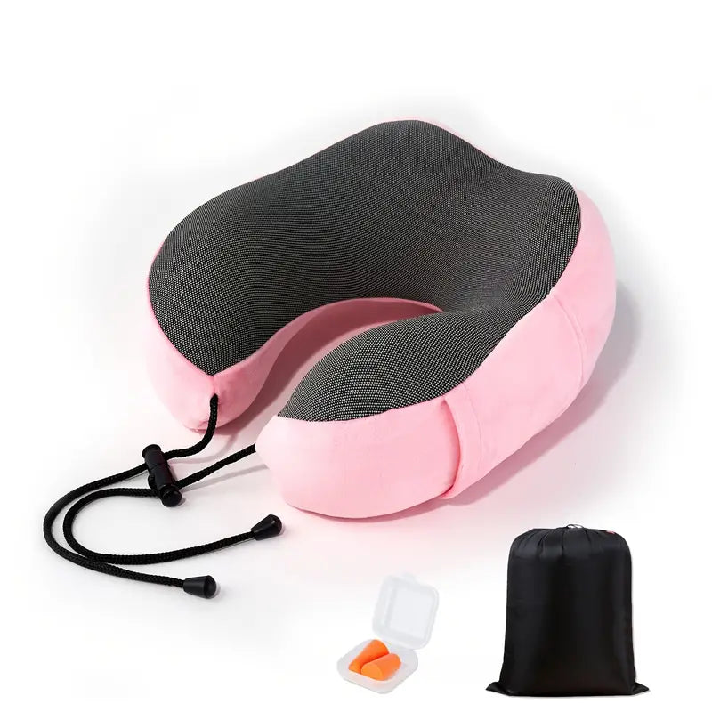 Memory Foam Travel Pillow with Earplugs & Storage Bag