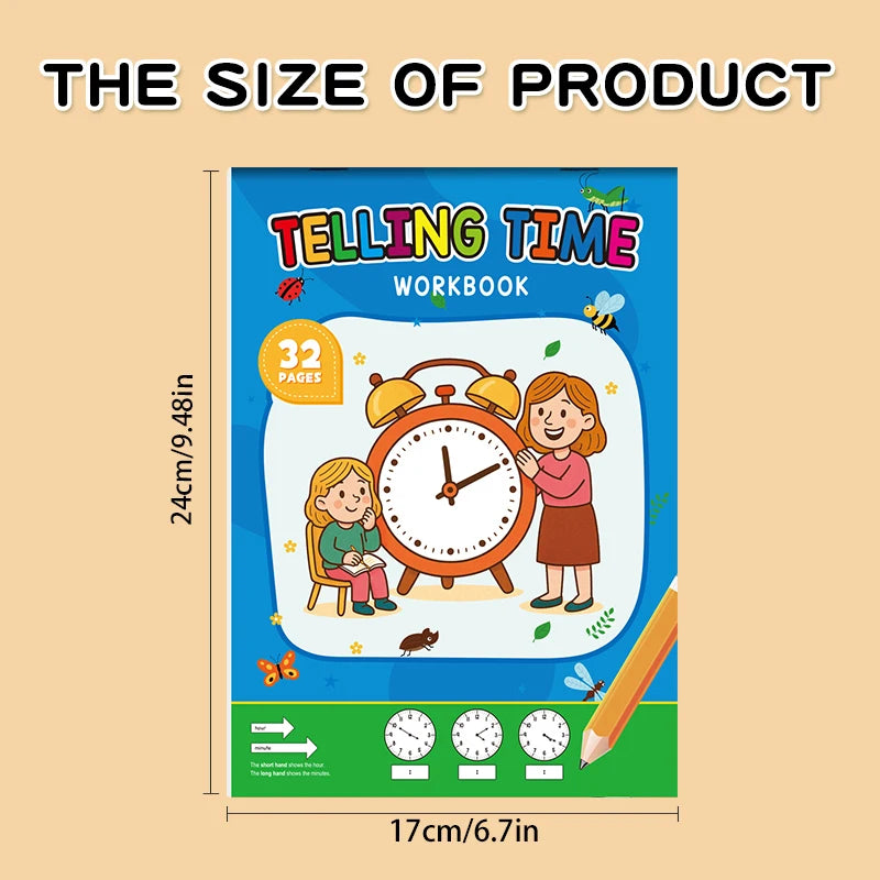 Children's Time Concept Practice Workbook, Suitable for Home School and Kindergarten Activities, Includes Reading and Math Practice Sheets, Perfect for Classroom Teaching and Back-To-School Supplies. Christmas Gifts.