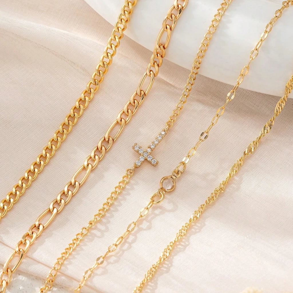 5Pcs/Set Fashion Crystal Cross Decorated Multilayer Link Chain Bracelet Set For Women Jewlery Accessories