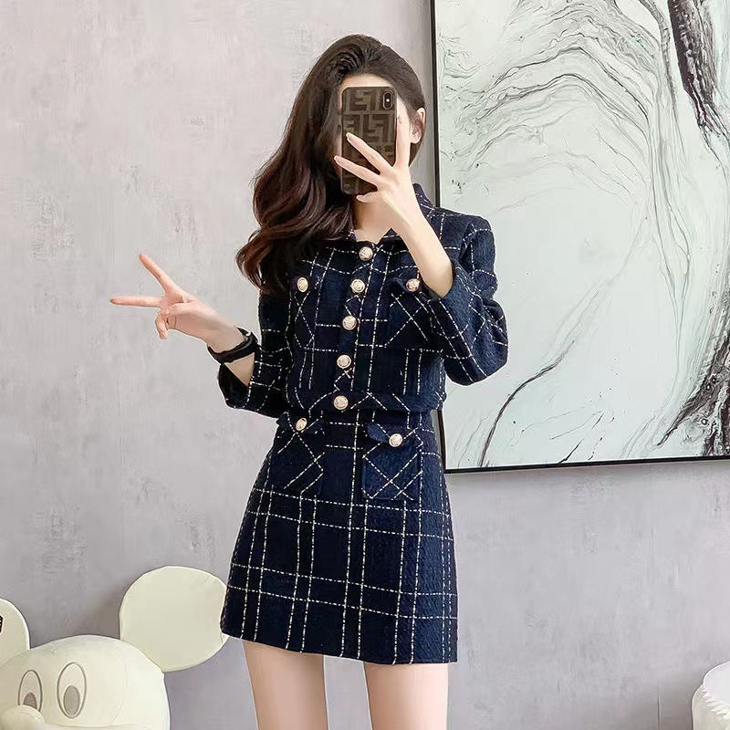 Elegant 2-Piece Checkered Tweed Blazer & Mini Dress