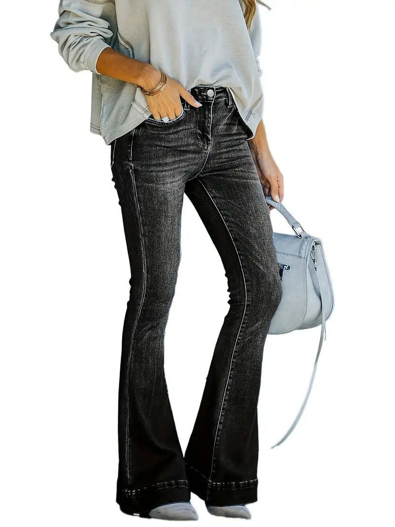 Women Black Slash Pocket Flared Denim Jeans