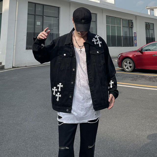 Men Hip-Hop Loose Embroidered Denim Jacket