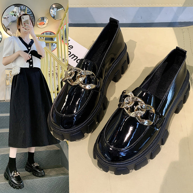 Spring Black Thick Sole Slip-On Boat Shoes for Ladies