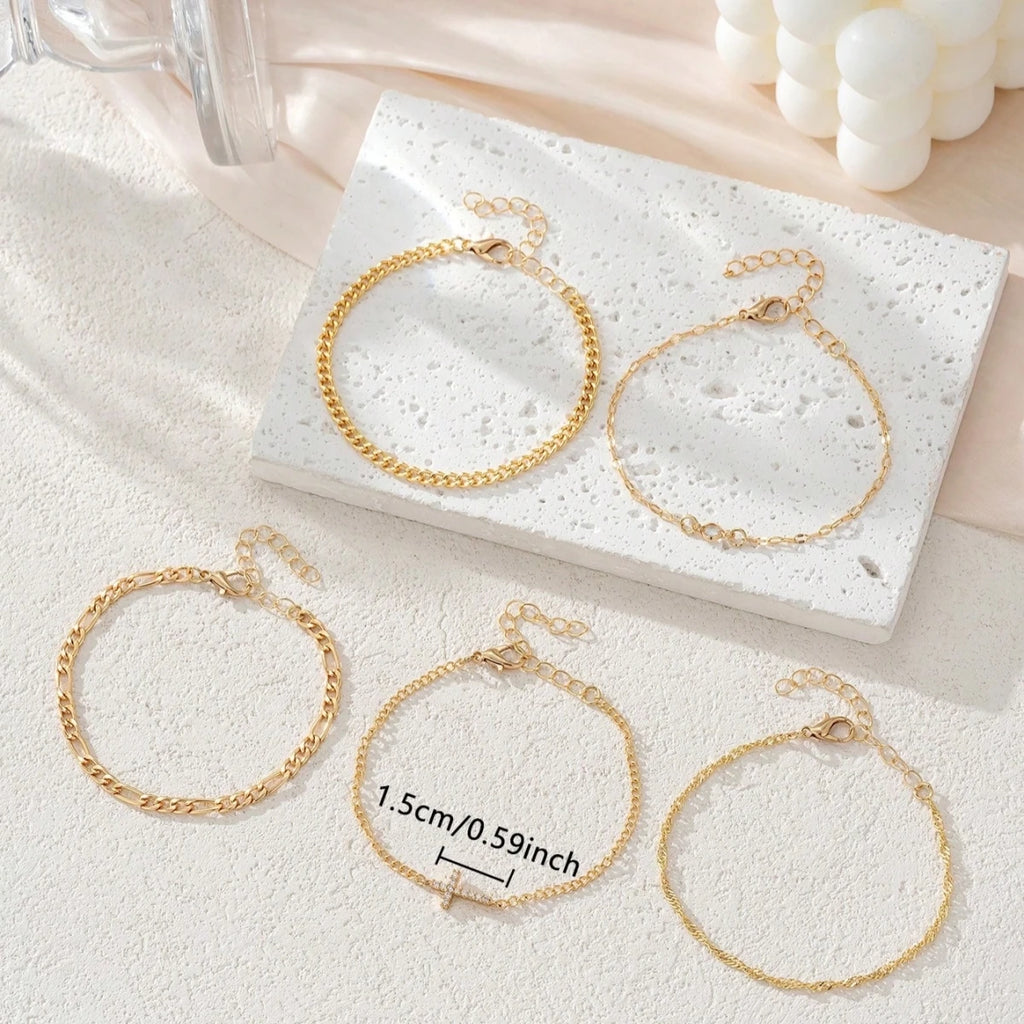 5Pcs/Set Fashion Crystal Cross Decorated Multilayer Link Chain Bracelet Set For Women Jewlery Accessories