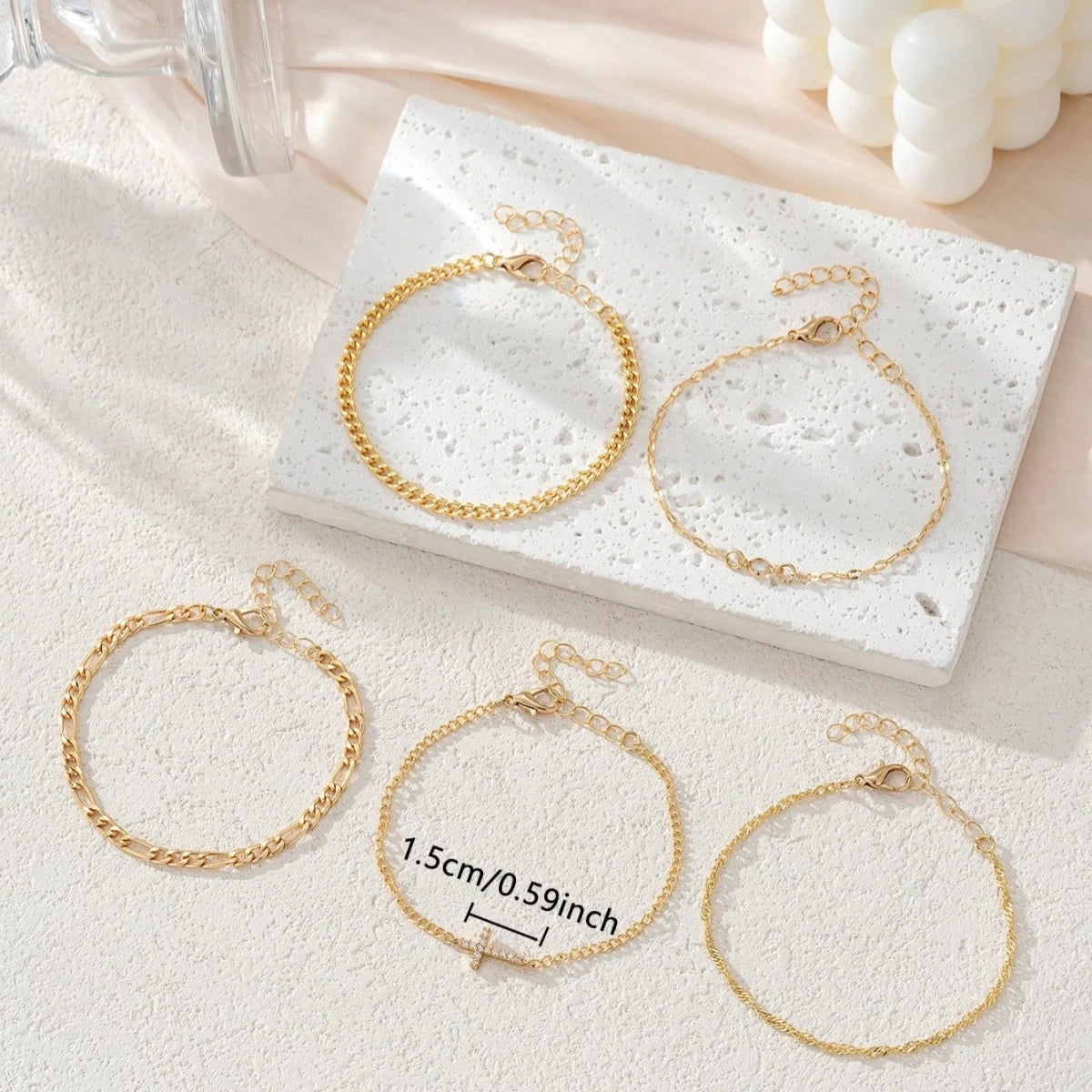 5Pcs/Set Fashion Crystal Cross Decorated Multilayer Link Chain Bracelet Set For Women Jewlery Accessories