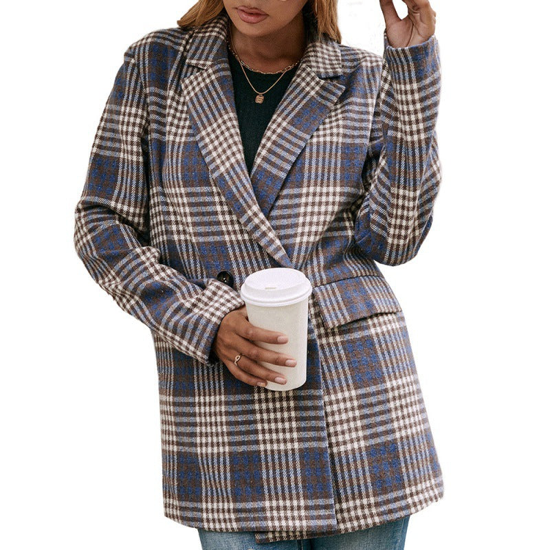 Checkered Double-Breasted Casual Blazer