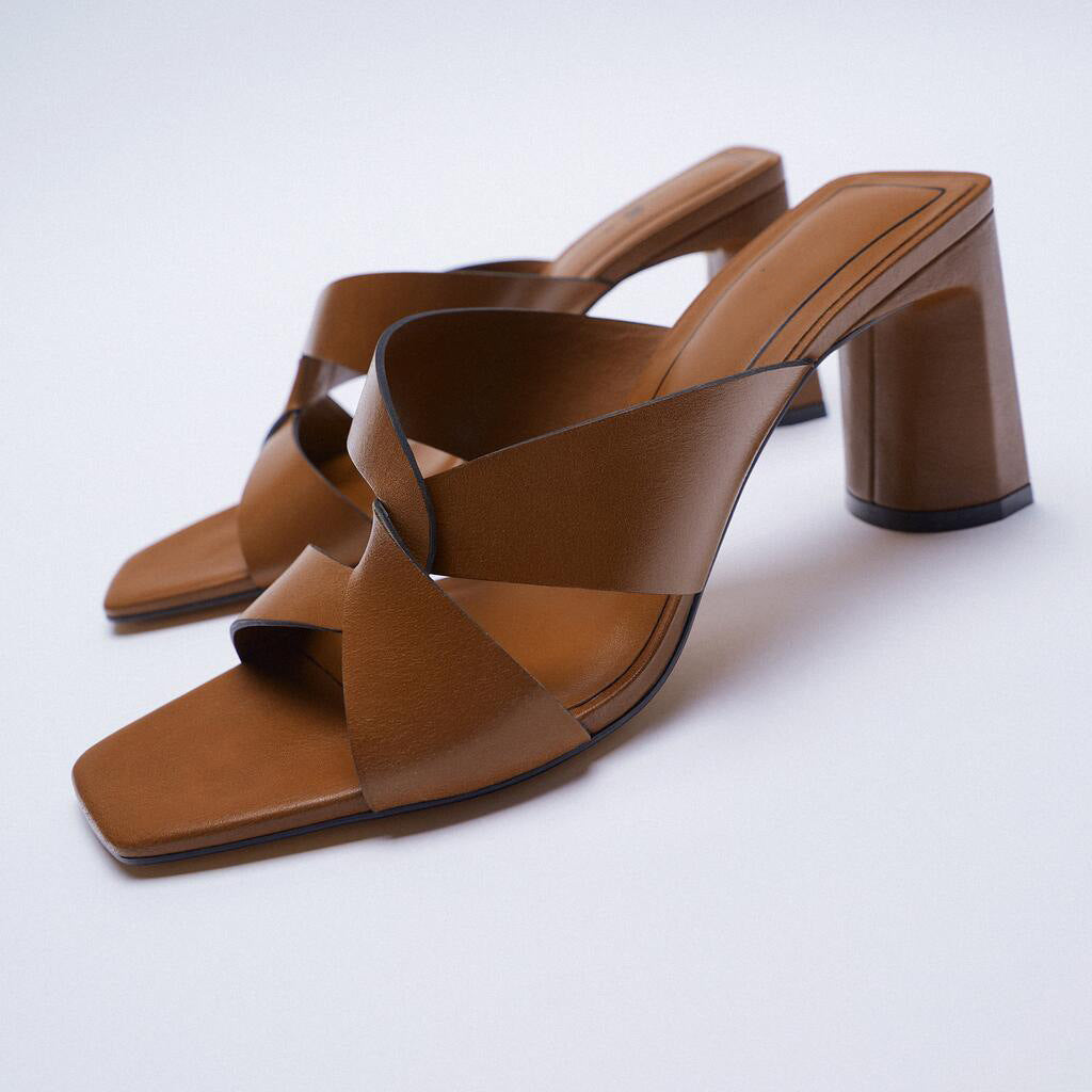 Cow Leather Sandals with Thick Heels