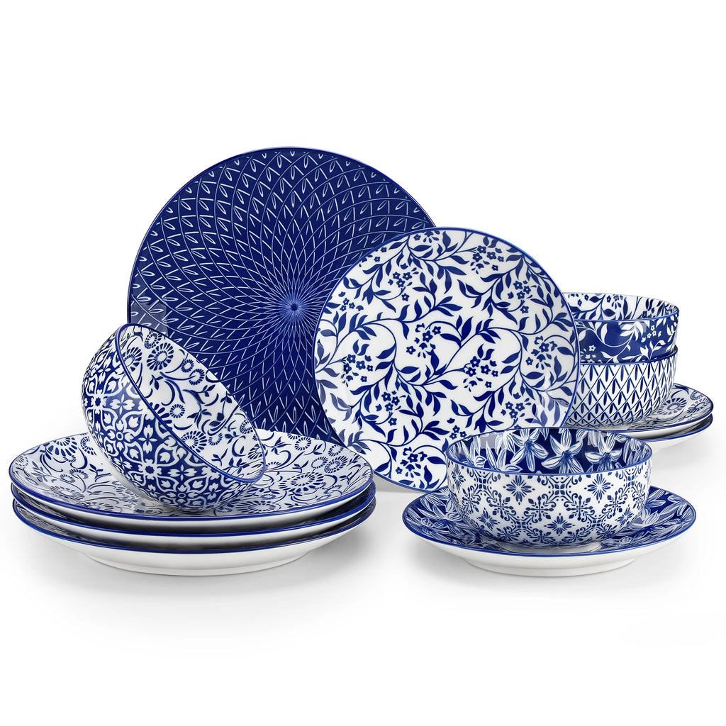 vancasso 12/24/36 Piece Chinese Blue and White Porcelain Plate Set Tableware Set with 4PCS Dinner Plate/Dessert Plate/Ceral Bowl