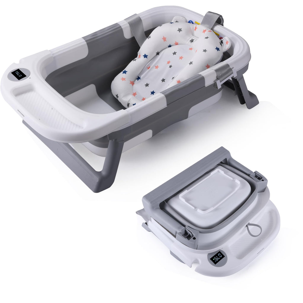 WWUIUIWW Foldable Baby Bath TubNewborn Baby Bath Tub with Soft Bath Mat and Real Time Water Temperature DisplayPortable Travel Bathtub with Drain Hole toToddler 0-36 Months (Grey2)
