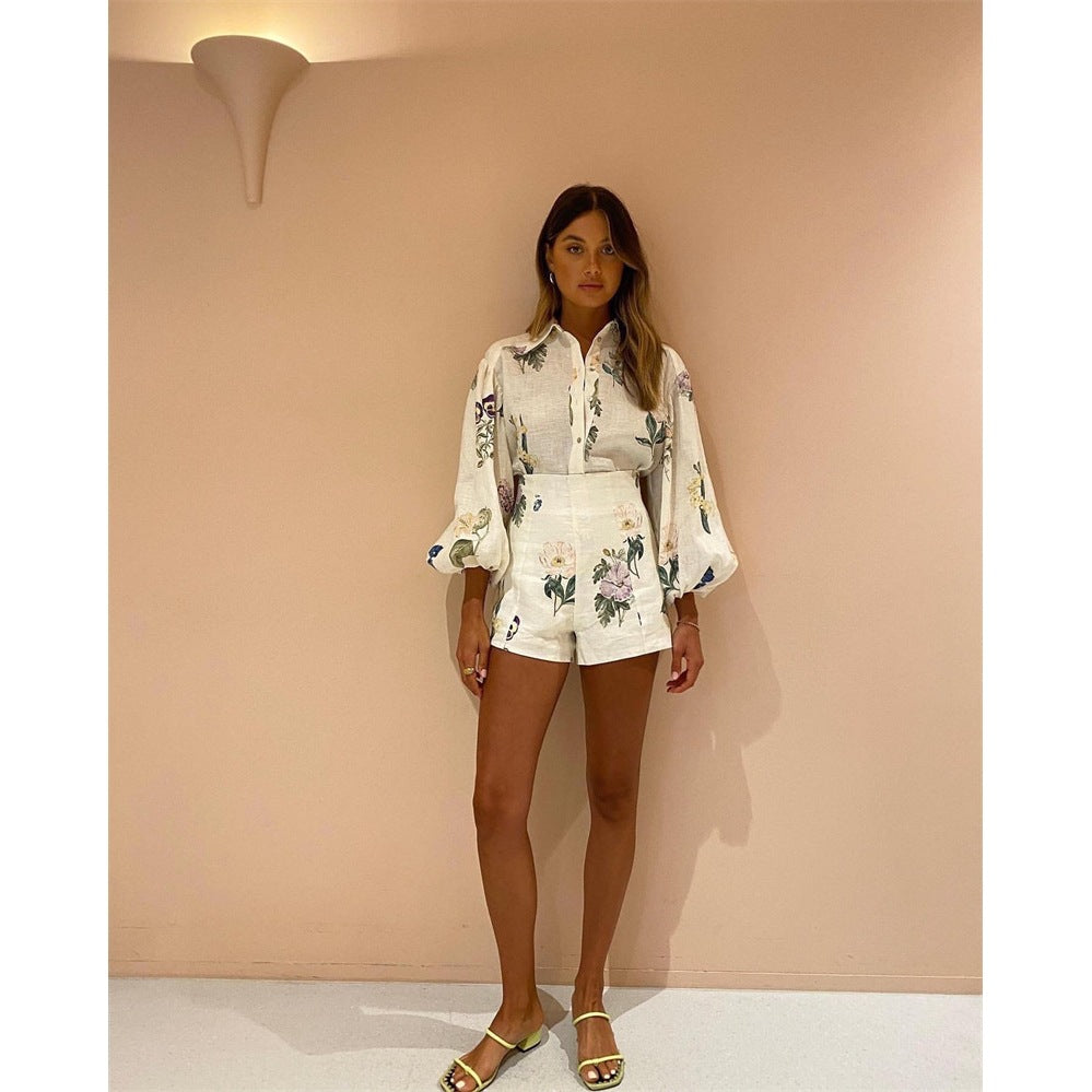 Floral Long Sleeve Blouse and High Waist Shorts Set