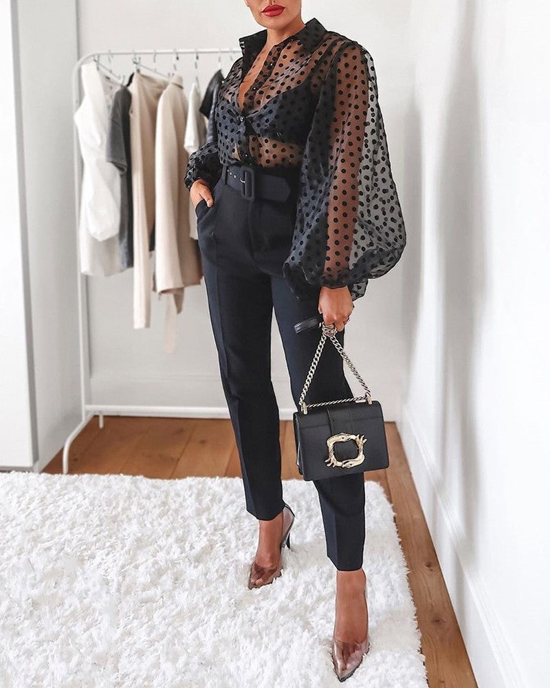 Women's Sheer Polka Dot Print Blouse